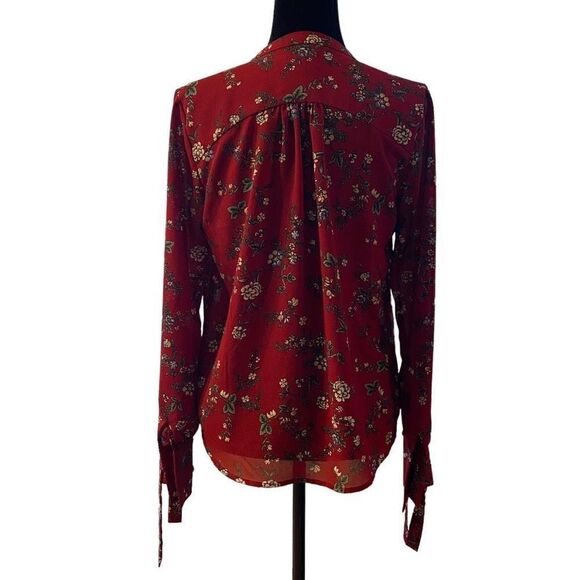 Everly Red Floral Button Front Blouse | Long Sleeve | Tie Cuff Top | Size M - Picture 4 of 11
